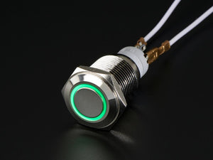 Metal Momentary Pushbutton with LED Ring (16mm, Green)